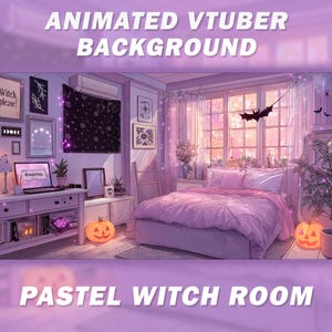 May include: An animated pastel witch room background for a VTuber. The room is decorated in shades of purple and pink, with a bed, desk, and jack-o'-lanterns. The text on the image reads "Animated VTuber Background" and "Pastel Witch Room."