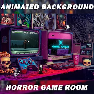 Puede incluir: Una ilustración digital de una sala de juegos de terror con televisores retro que muestran escenas de juegos. Una calavera, un mando y un teclado están sobre el escritorio. Se muestra el texto "ANIMATED BACKGROUND" y "HORROR GAME ROOM".