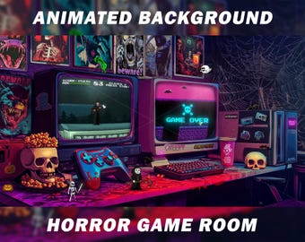 Animated vtuber background, Retro Horror Game Room, haunted arcade