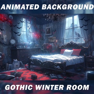 May include: A gothic-style bedroom with a large bed, a window with a snowy view, and a red rug on the floor. The room is decorated with bats, candles, and other spooky details. "Gothic Winter Room" is written in white text at the bottom of the image.