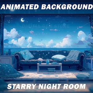 Fondo animado de Vtuber para Twitch, cielo estrellado, habitación acogedora, anime, lofi, fondo de flujo, fondo en bucle