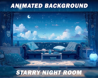 Fondo animado de Vtuber para Twitch, cielo estrellado, habitación acogedora, anime, lofi, fondo de flujo, fondo en bucle
