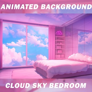 May include: A pink and white bedroom with a large window overlooking a blue sky with fluffy white clouds. The bed has a white comforter and a cloud-shaped headboard. There is a pink bedside table with a lamp and a plant on it. The text "CLOUD SKY BEDROOM" is at the bottom of the image.