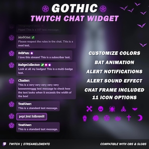 May include: A dark purple graphic for a Twitch chat widget, featuring the text "GOTHIC TWITCH CHAT WIDGET." Includes customizable colors, bat animation, alert notifications, and 11 icon options. Compatible with OBS & SLOBS.