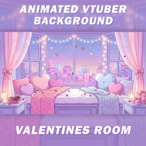 Puede incluir: Fondo animado para VTuber con temática de San Valentín. La imagen muestra una habitación con vista a la ciudad a través de una ventana. Cojines en forma de corazón, una manta rosa y luces de hadas crean un ambiente romántico. El texto dice "ANIMATED VTUBER BACKGROUND" y "VALENTINES ROOM."