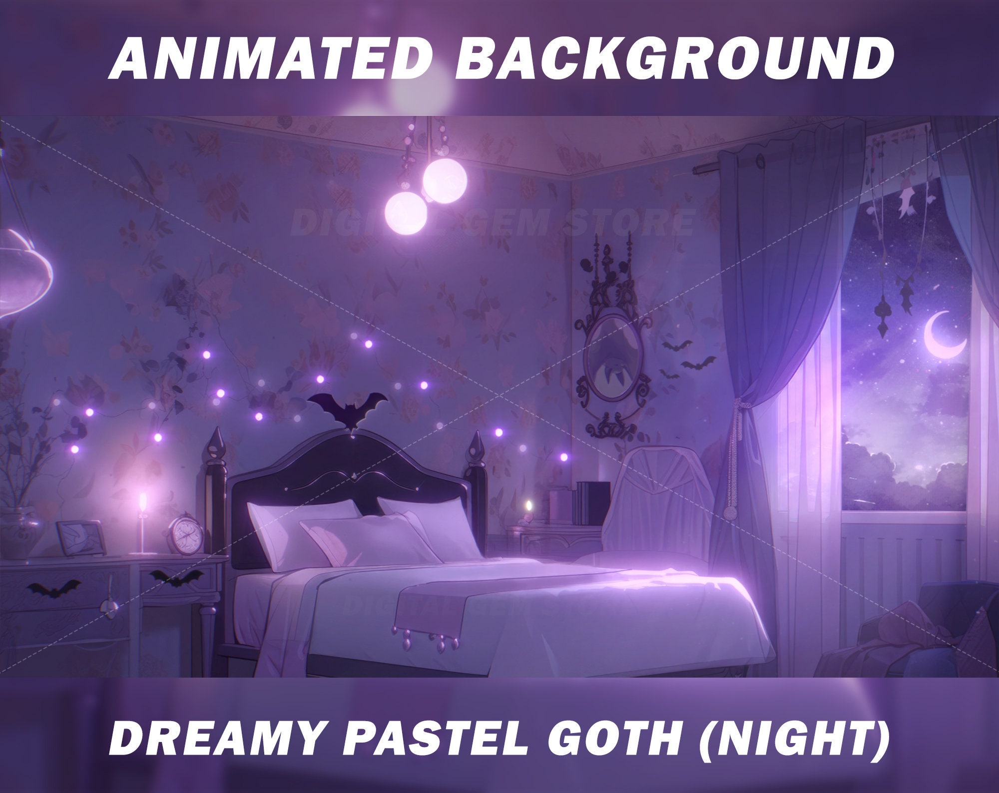 Animated Vtuber Background for Twitch Pastel Goth Room Night