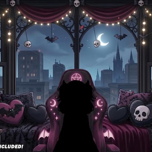 May include: Illustration of a gothic-themed room with a city skyline view. The room features a large window with dark red curtains, a bed with heart-shaped pillows, and a gaming chair. Decorative elements include skulls, bats, and candles.