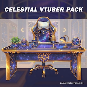 May include: A celestial-themed desk setup with a galaxy design. The desk features a matching chair, a microphone, a lamp, a clock, a mug, and a plant. The text "CELESTIAL VTUBER PACK" is at the top.