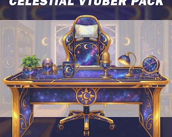 Celestial VTuber Room Asset Pack | Cosmic Stars | Gaming Chair, Desk, Microphone | VTuber Props | Overlay - 2D Streaming Kit