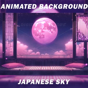 Peut inclure: Fond d'écran animé avec une lune rose, des nuages et un bâtiment de style japonais avec un balcon. Le texte "JAPANESE SKY" est en bas de l'image.