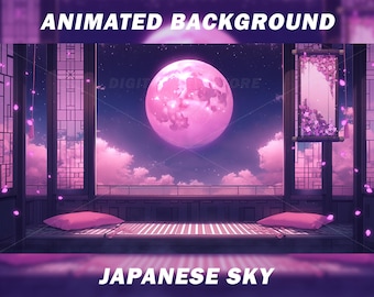 Vtuber Animated Background for Twitch, Japanese Sky animated background, Pink Sakura, cute, moon, purple stream background vtuber background
