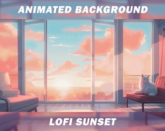 Lofi Sunset Animated Vtuber Background, Cozy Stream Overlay (MP4)
