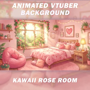 May include: An animated background for a VTuber featuring a Kawaii Rose Room. The room is decorated in shades of pink, with a bed, beanbag chair, and shelves. The window is framed with roses, and the text "ANIMATED VTUBER BACKGROUND" and "KAWAII ROSE ROOM" are displayed.