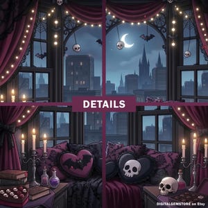 May include: Digital illustration of a gothic-themed room with a city skyline view. The room features dark red curtains, string lights, and skull decorations. Pillows with bat and skull designs are on a couch. The word "DETAILS" is visible.