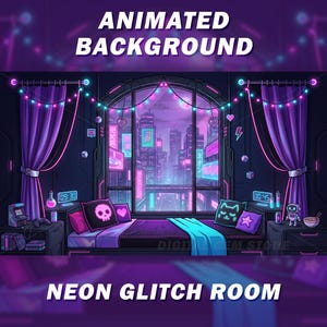 May include: Digital artwork of a neon glitch room with a cityscape view. The room features purple curtains, a bed with skull and cat pillows, and a window overlooking a city with neon signs. Text reads "ANIMATED BACKGROUND" and "NEON GLITCH ROOM."