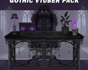 Gothic VTuber Room Asset Pack and Background | Witchy | Gaming Chair, Desk, Microphone | VTuber Props | Overlay - 2D Streaming Kit