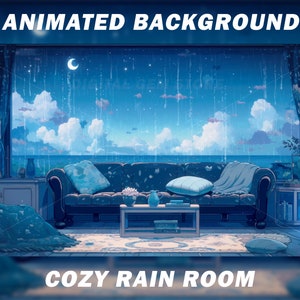 Fondo animado de Vtuber para Twitch, sala de lluvia acogedora, noche de cielo estrellado, anime, lofi, fondo de corriente, fondo en bucle
