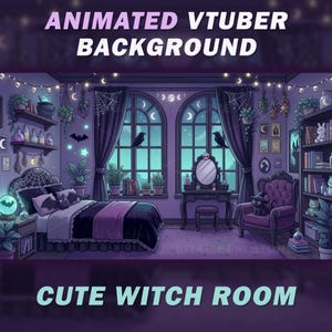 May include: An animated background of a cute witch room, with a bed, vanity, and bookshelf. The room is decorated with witchy elements like bats, moons, and potion bottles. The text at the top says "ANIMATED VTUBER BACKGROUND" and the text at the bottom says "CUTE WITCH ROOM".