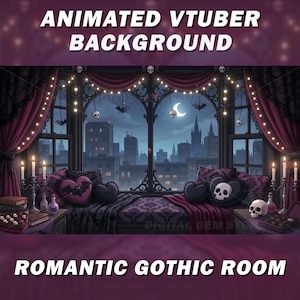 Könnte beinhalten: Animierter VTuber-Hintergrund mit einem romantischen gotischen Raum. Die Szene zeigt ein Bett mit Herz- und Totenkopfkissen, Kerzen und einen Blick auf die Stadt durch ein großes Fenster. Der Text "ROMANTIC GOTHIC ROOM" ist unten zu sehen.