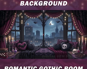 May include: Animated VTuber background featuring a romantic gothic room. The scene includes a bed with heart and skull pillows, candles, and a cityscape view through a large window. The text "ROMANTIC GOTHIC ROOM" is displayed at the bottom.