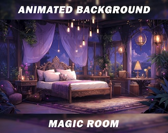 Animated Vtuber Background - Purple Magic Bedroom - Magic Vtuber Bedroom - Celestial vtuber background - Magical vtuber room - gothic - cozy