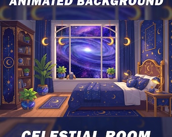 Animated vtuber background, Celestial Room, Cosmic Background, stars, crescent, moon