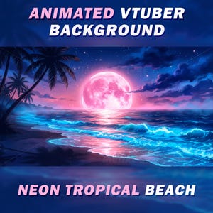 Könnte beinhalten: Animierter VTuber-Hintergrund mit einer Neon-Tropenstrand-Szene. Das Bild zeigt einen leuchtend rosa Mond über dem Meer, mit leuchtenden blauen Wellen und Palmen. Der Text lautet "Animated VTuber Background" und "Neon Tropical Beach".