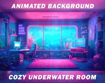 Habitación submarina en tonos pastel, fondo animado de Vtuber - Kawaii