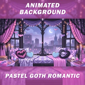 May include: Animated background image with a pastel goth romantic theme. The scene features a bed with heart and skull pillows, a cityscape view, and decorative elements like bats and candles. Text reads "ANIMATED BACKGROUND" and "PASTEL GOTH ROMANTIC."