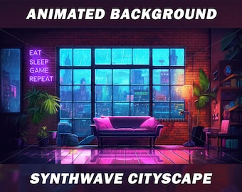 Animated Vtuber Background - Synthwave Cityscape, Neon Twitch Stream Background - CyberPunk