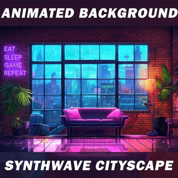 Vtuber animated background for Twitch, Synthwave cityscape background, streaming background, cyberpunk, neon background for twitch