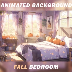 Animated Halloween Vtuber Background, Pumpkin Fall bedroom, Halloween background, Anime, stream background, looped background, vtuber room