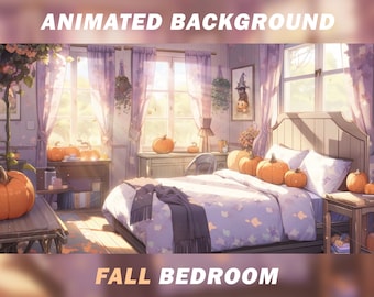 Animated Halloween Vtuber Background, Pumpkin Fall Bedroom (MP4)