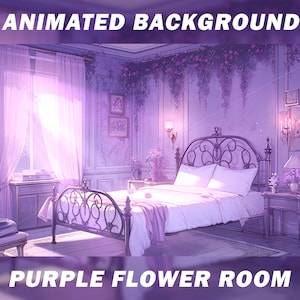 Animated Vtuber Background for Twitch, Pastel purple flower bedroom, Dreamy purple themed room, Anime, stream background, looped background