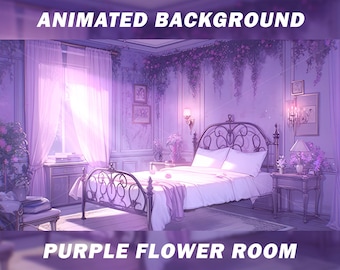 Fondo animado de Vtuber para Twitch, dormitorio de flores púrpura pastel, habitación temática púrpura de ensueño, anime, fondo de corriente, fondo en bucle