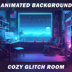 Vtuber animated background for Twitch, Cozy rain, Cyberpunk glitch background, synthwave style, neon background for twitch