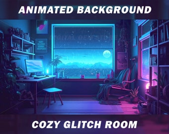 Vtuber animated background for Twitch, Cozy rain, Cyberpunk glitch