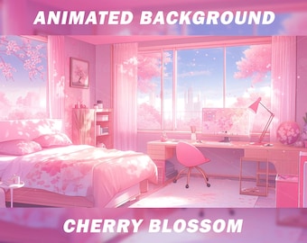 Fondo animado de Vtuber para Twitch, fondo de Vtuber con flor de cerezo y sakura rosa, fondo de transmisión