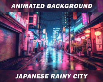 Fondo animado de Vtuber, escena de transmisión en vivo en una ciudad japonesa lluviosa con luces de neón.