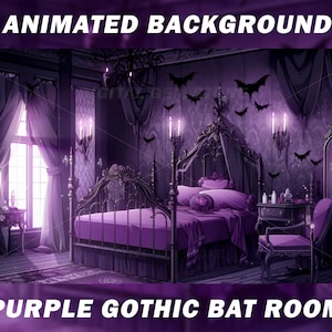 Peut inclure: Une chambre à coucher gothique violette avec un lit à baldaquin, une coiffeuse avec un miroir et une chaise. Les murs sont décorés de chauves-souris et il y a des bougies sur la coiffeuse et les tables de chevet.