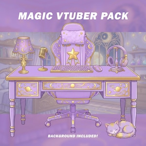 May include: A purple and gold desk setup with a matching chair, lamp, and headphones. The desk has a keyboard, mouse, and microphone. The text "MAGIC VTUBER PACK" and "BACKGROUND INCLUDED!" are visible.
