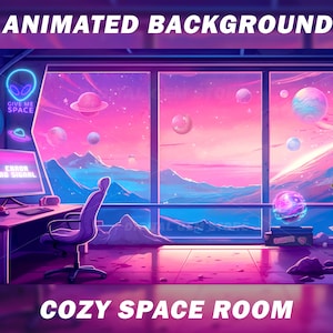 Animated Vtuber Background for Twitch, Cozy Space room, Alien outer space stream background, Celestial planets, looped vtuber background