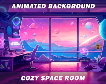 Cozy Space Room Animated VTuber Background, Alien Neon Stream Overlay (MP4)