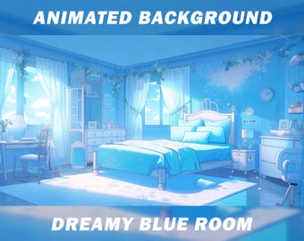 Animated Vtuber Background, Dreamy Blue Cozy Room, Lofi Stream Overlay (MP4)