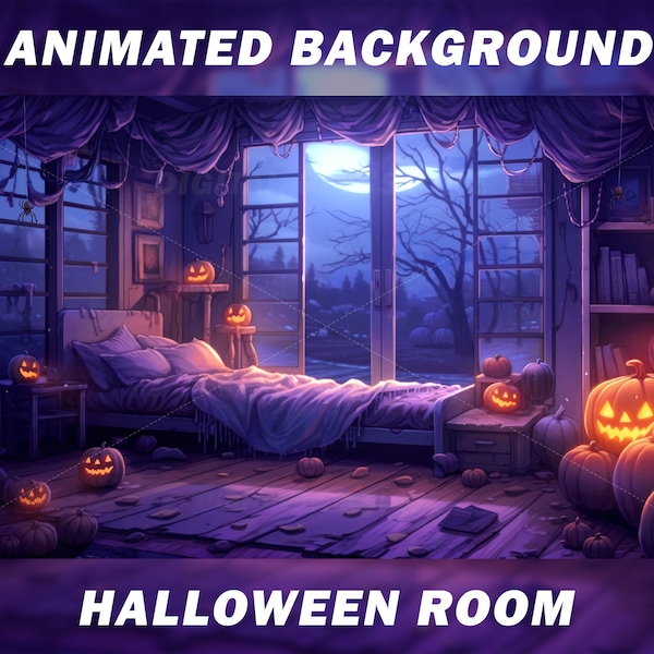 Fond animé Halloween Vtuber pour Twitch, chambre d’Halloween, fond de flux, fond en boucle, fond vtuber en boucle