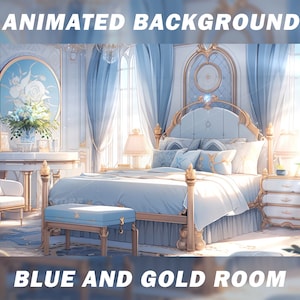 Animated Vtuber Background for Twitch, Angelic blue and gold bedroom, Dreamy princess vtuber room, stream background, looped background image 1