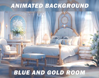 Dormitorio azul angelical y dorado, fondo animado para VTuber