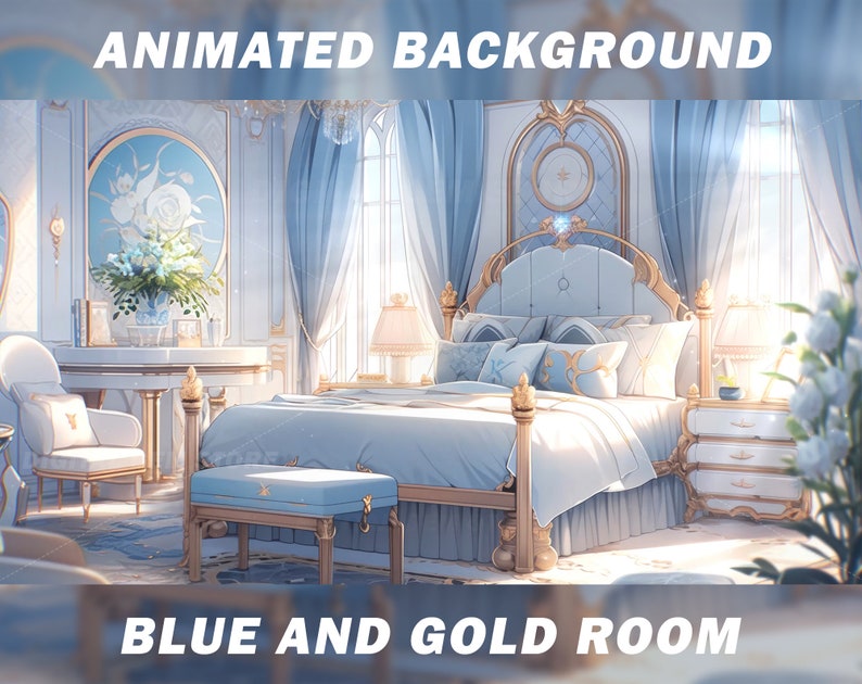 Animated Vtuber Background for Twitch, Angelic blue and gold bedroom, Dreamy princess vtuber room, stream background, looped background image 1