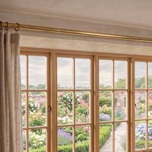 Puede incluir: Una barra de cortina dorada con anillos que sostienen cortinas beige. La barra está montada sobre una gran ventana de madera con múltiples paneles. La ventana da a un jardín con flores coloridas y vegetación.