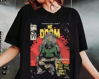 MF DOOM Madvillain All Caps. Black Hoodie With White Graphics